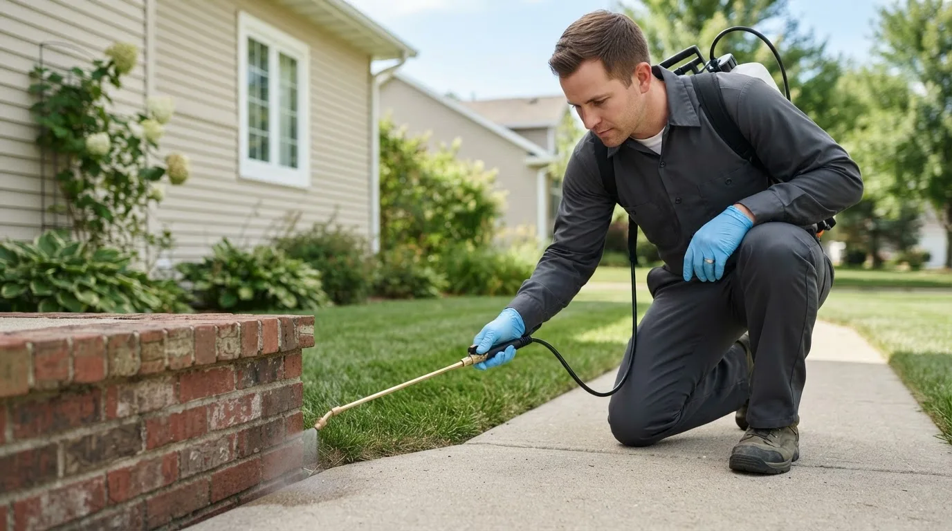 Pest control technician treating a home near Westport, IN